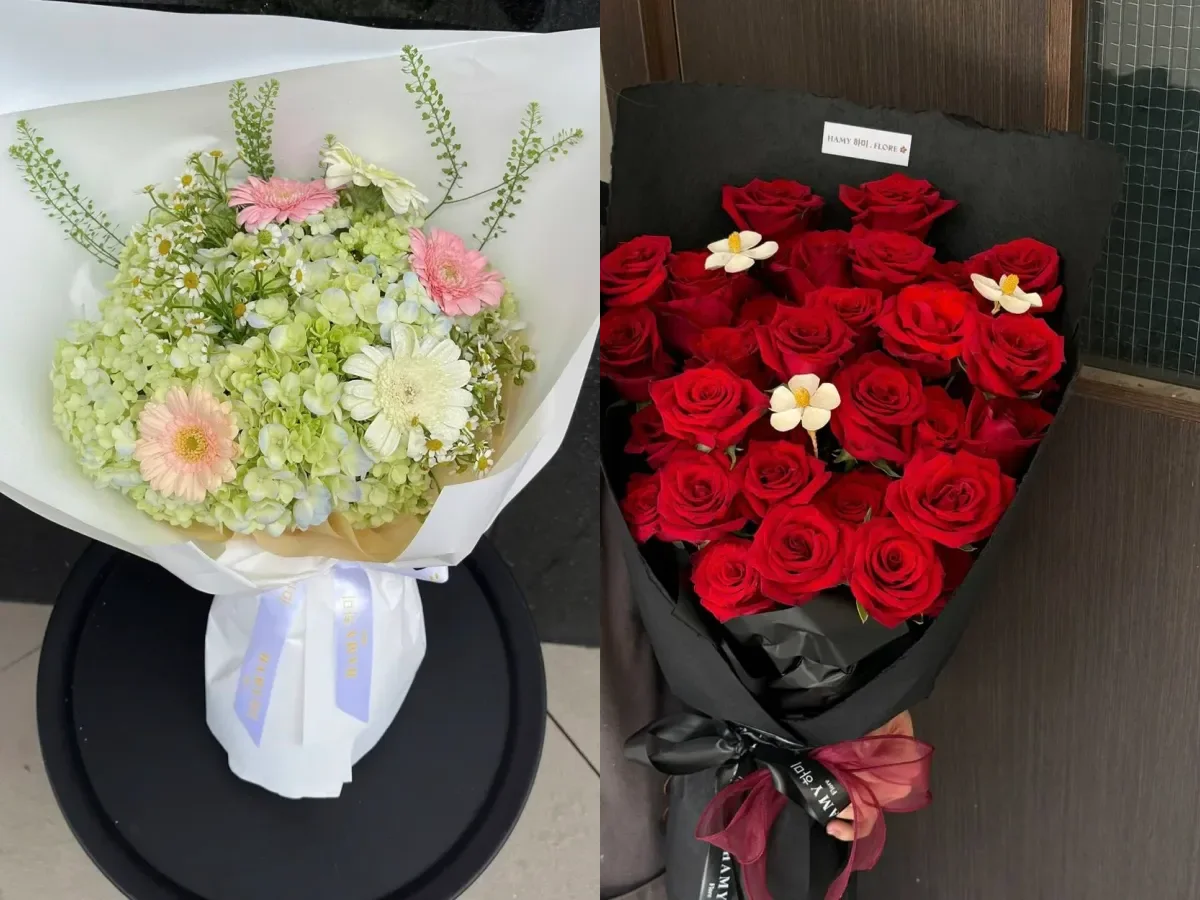 크리스마스 꽃다발 가격대 비교 — 40만 동대 화이트 그린 부케와 130만 동대 레드 로즈 꽃다발
