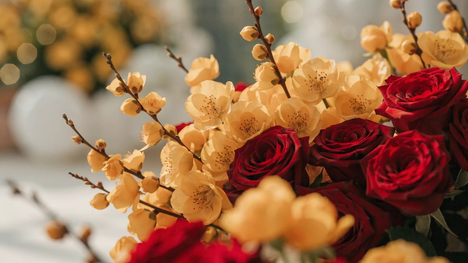 Yellow apricot blossoms and red roses — lucky colors for gifting flowers in Vietnam