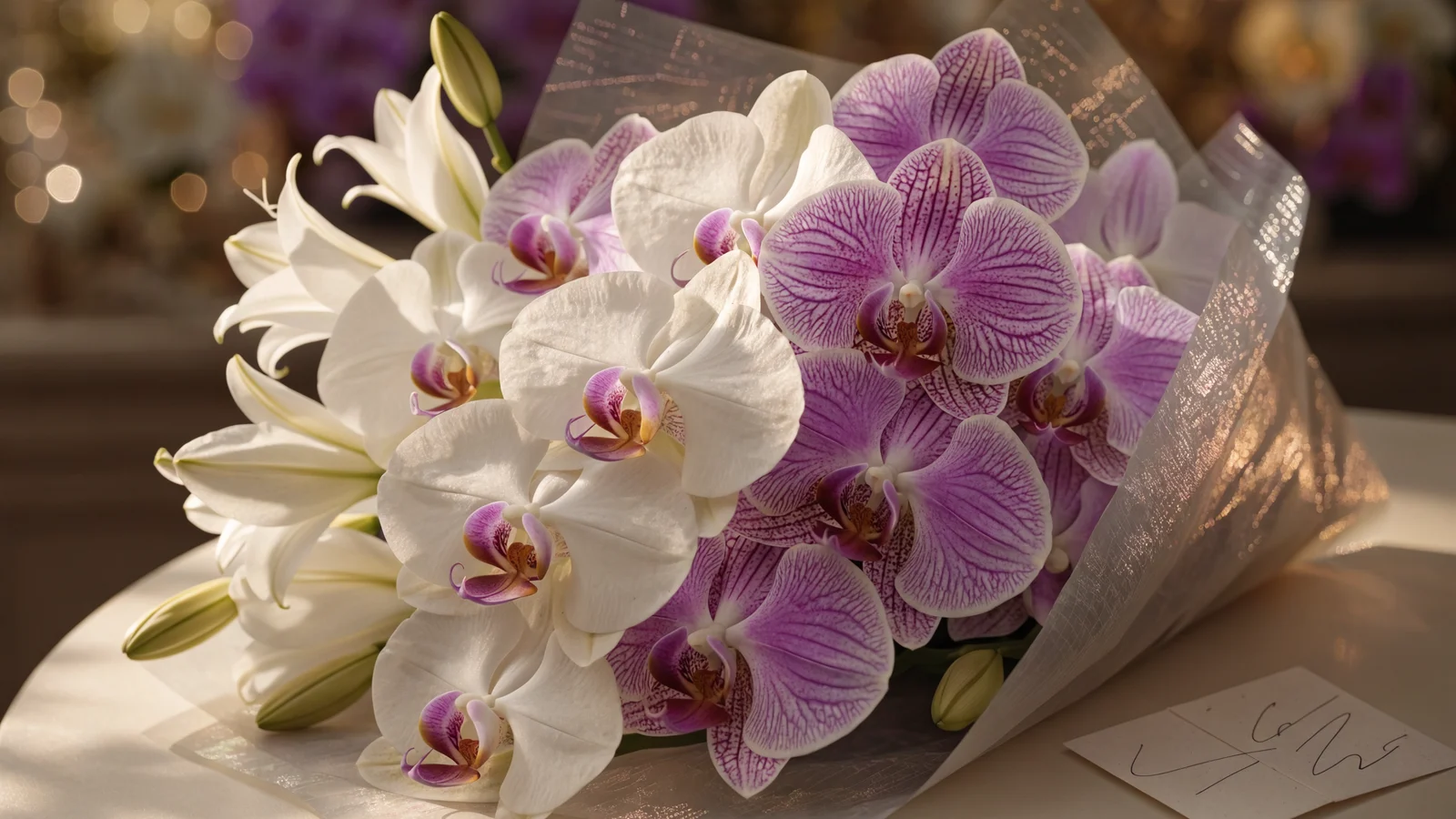 Vietnamese Teachers' Day flowers — a purple and white orchid and lily bouquet